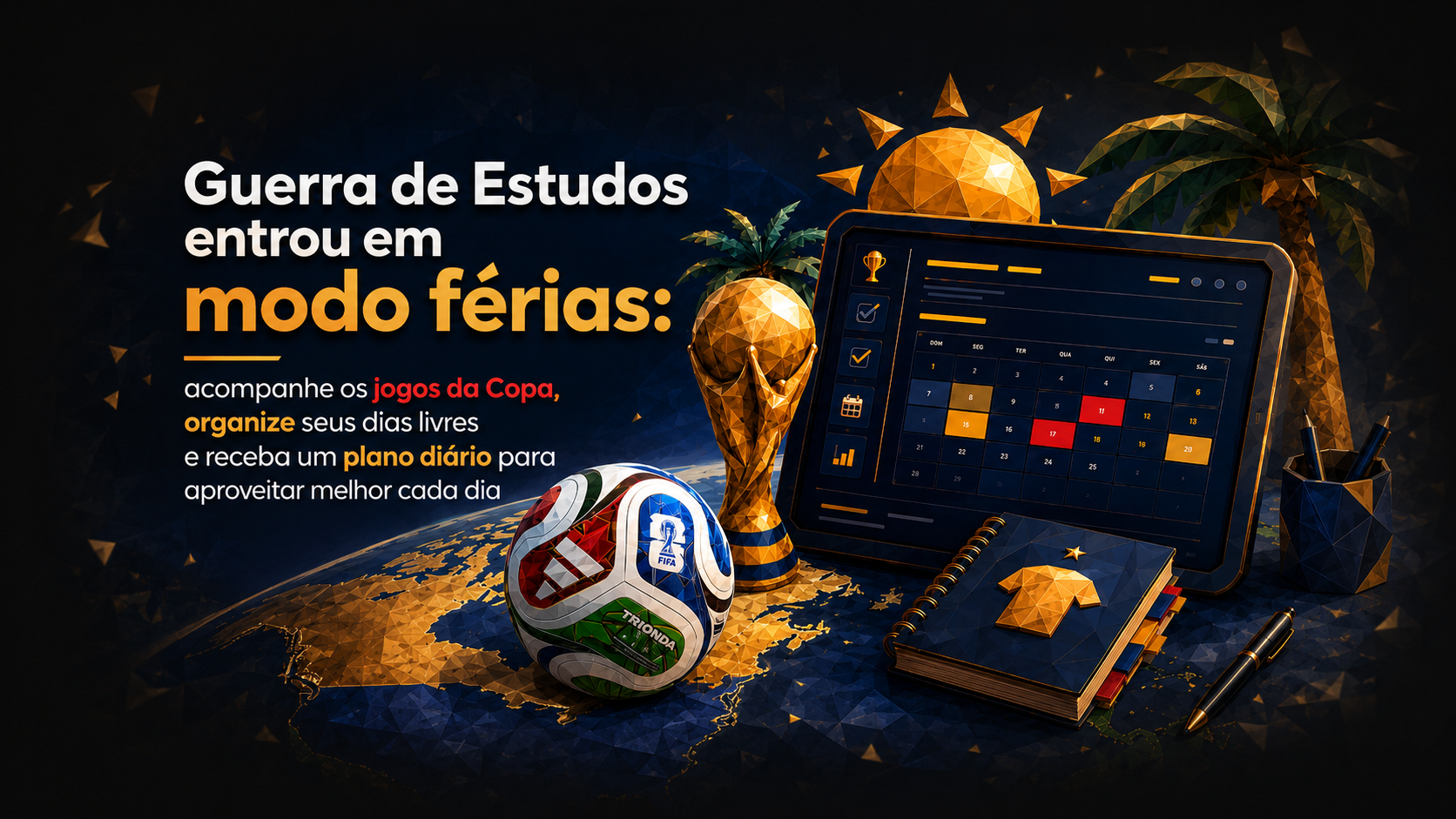 Arte da edição férias com Copa do Mundo, calendário e organização de estudos.